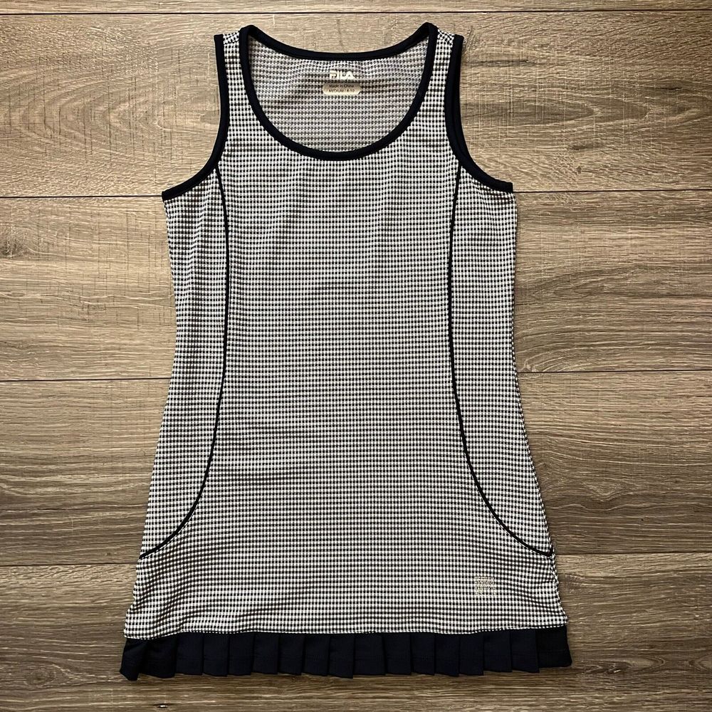 FILA Girls Dark Blue & White Check Tank Tennis Dress Size M 8-10 Pleat Hem